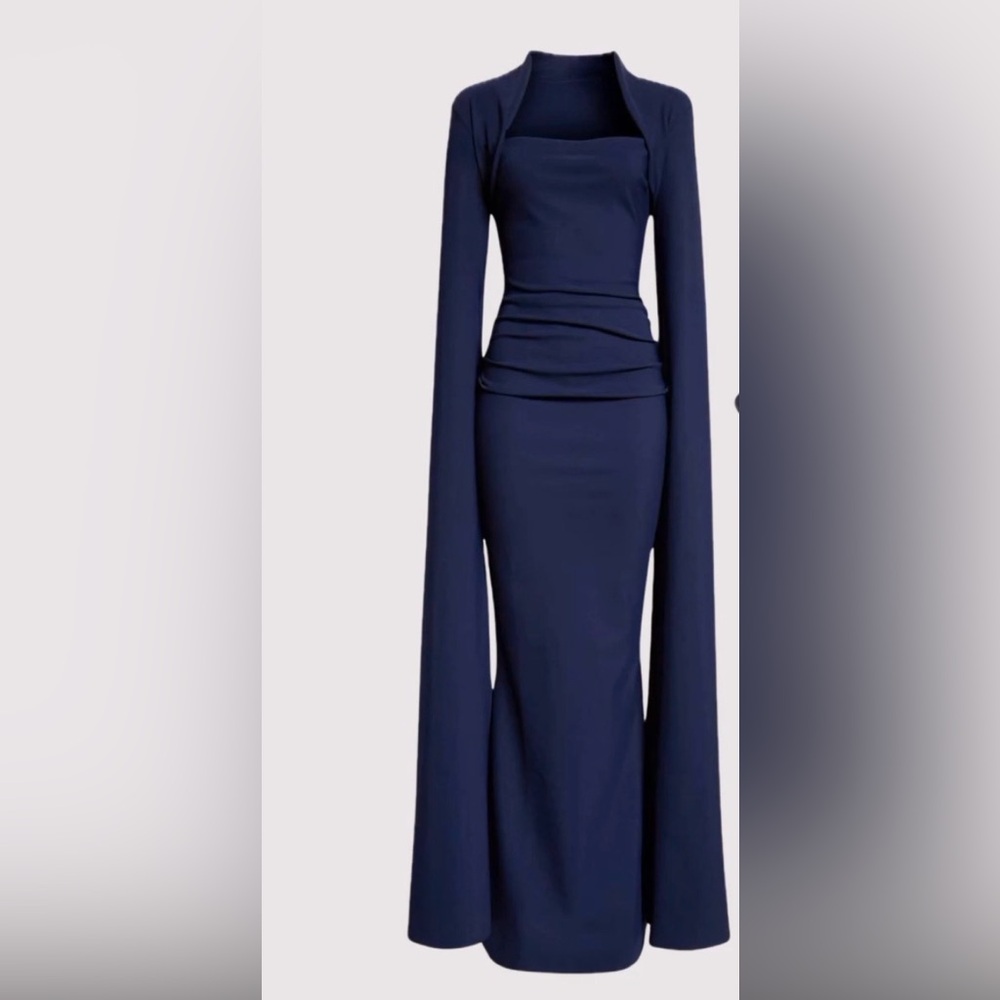 Chiara Boni Navy Long-Sleeve Draped Evening Gown size 4 - Picture 6 of 12